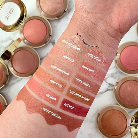 Glowy Baked Blush from @milanicosmetics . Luminoso is an all time fave but I’ve been loving Petal Primavera and Sunset Passione as well… Milani Baked Blush Swatches, Blush Swatches, Milani Blush, Milani Baked Blush, Milani Makeup, Milani Cosmetics, Baked Blush, Natural Glowy Makeup, Nyx Makeup