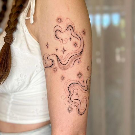 I’m in love with this star dust tat!! Thank you Scarlett 🥰✨ . #startattoo #stardust #abstract #blackworktattoo | Instagram Orion’s Belt Constellation Tattoo, 311 Tattoo Ideas, Arm To Collar Bone Tattoo, Enfp Tattoo, Spine Tattoos Vine, Galaxy Swirl Tattoo, Feminine Tattoo Filler, Small Cluster Tattoos, Lower Torso Tattoo