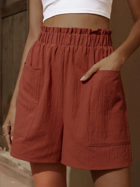 Solid Dual Pocket Paperbag Shorts | SHEIN Couture, Couture Dresses Short, Sewing Shorts, Kids Dress Collection, Womens Pants Design, Bermuda Shorts Women, Rusty Rose, Paperbag Shorts, Women Bottoms