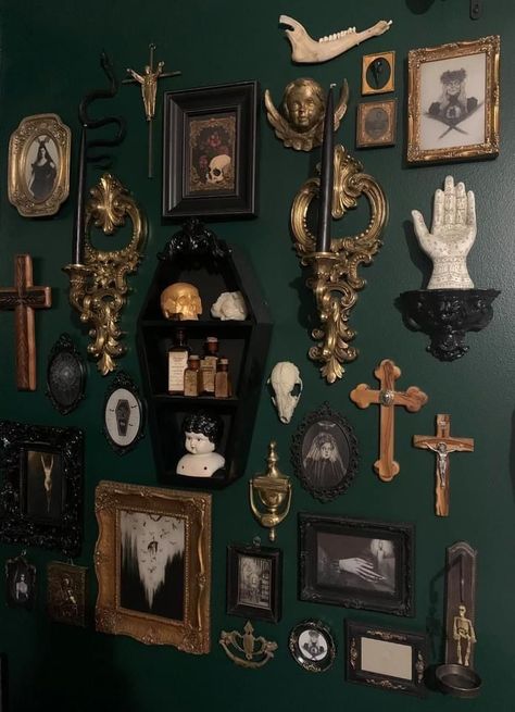 Dark Green Wall Gold Frames, Medieval Aesthetic Bedroom, Elvish Interior Design, Green Goth Living Room, Dark Maximalist Wall Decor, Witches House Interior, Victorian Gothic Decor Bathroom, Dark Academia Jewel Tones, Dark Academia Lighting Fixtures