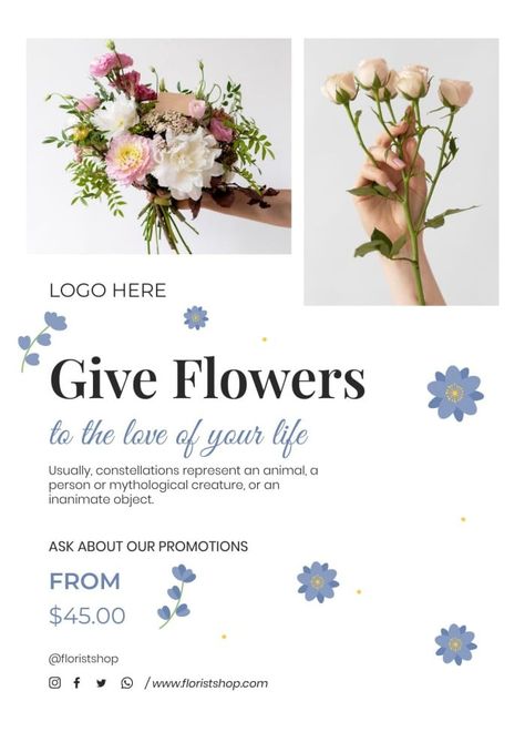 Doodle Simple Give Flowers Florist Poster Flower Shop Poster Design, National Flower Day, Florist Advertising Design, Florist Advertising, Florist Flyer, Flower Advertisement, Doodle Simple, Give Flowers, Florist Brand