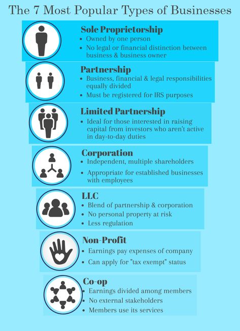 The Seven Most Popular Types of Businesses Types Of Companies, Types Of Entrepreneurs, Types Of Business Ownership, Types Of Business Ideas, Types Of Business Models, Types Of Businesses To Start, Names For Small Business, Business Principles, Business Types