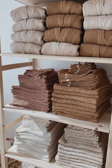 Waffle weave linen blankets and towels Neutral Towels, Skincare Station, Neutral Bath Towels, Towel Aesthetic, Linen Aesthetic, Linen Blankets, Linen Throw Blanket, Mindful Shopping, Hotel Housekeeping