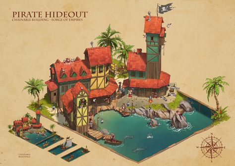 Pirate Island Concept Art, Pirate Hideout, Minecraft House Decor, Forge Of Empires, Cottage Minecraft, Blossom House, Pirate Island, Pirate Maps, Minecraft Banner Designs