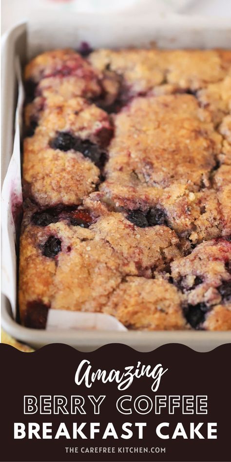 This Mixed Berry Breakfast Coffee Cake has a moist and tender crumb topped with a crunchy sugar crust. Bursting with raspberries, blackberries, and blueberries, it’s the perfect way to start your day. Blackberry And Blueberry Recipes, Breakfast Blueberry Casserole, Blackberry Coffee Cake Recipes, Mixed Berry Coffee Cake, Breakfast Cake Ideas, Berry Breakfast Ideas, Breakfast With Berries, Blackberry Breakfast Recipes, Breakfast With Blueberries