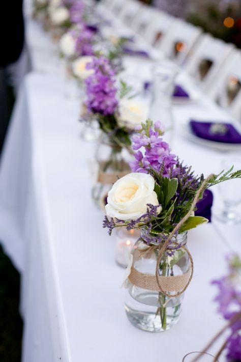 Lavender Color Centerpieces, Lilac Outdoor Wedding, Lavender And Grey Wedding Centerpieces, Lavender And White Wedding Flowers, Purple And Blue Centerpieces, Purple Centerpieces Diy, Rustic Purple Wedding, Purple Decor, Mason Jar Centerpieces