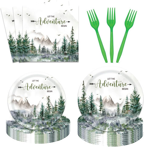 96 Pieces Let The Adventure Begin Tableware Set Party Supplies Adventure Awaits Baby Shower Dessert Plates Napkins Forks for 24 Guests Mountain Forest Woodland Travel Birthday Party Favors #ad #lettheadventurebegin Camping First Birthday, One Happy Camper Birthday, Camping Party Decorations, Camping Theme Birthday, Happy Camper Birthday, Baby Shower Plates, One Happy Camper, Adventure Awaits Baby Shower, Adventure Baby Shower