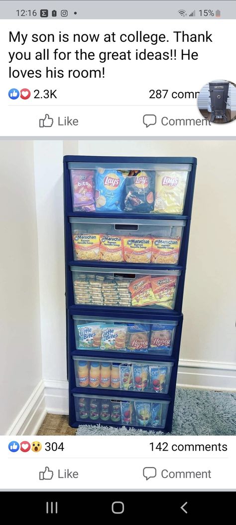 Organisation, Snack Bin Ideas For Room, Snacks For College Dorms, College Snack Storage, Snack Storage Ideas Dorm Room, Snack Closet Ideas, Dorm Room Snack Station, Room Snack Stash, Small Townhouse Decor