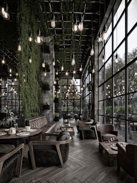 Hanging Edison Lights Restaurant, Calm Street Cafe, Café Design, Modern Restaurant Design, Street Cafe, Coffee Shop Interior Design, Bar Interior Design, Cafe Shop Design, Coffee Shops Interior