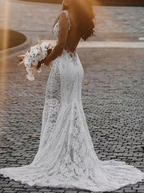 No Back Wedding Dress, Wedding Dresses For Beach Weddings, Wedding Dresses For The Beach, Boho Mermaid Wedding Dress, Boho Beach Wedding Dress, Wedding Dresses Mermaid Trumpet, Beach Bridal Dresses, Boho Wedding Dresses, Cheap Wedding Dresses Online