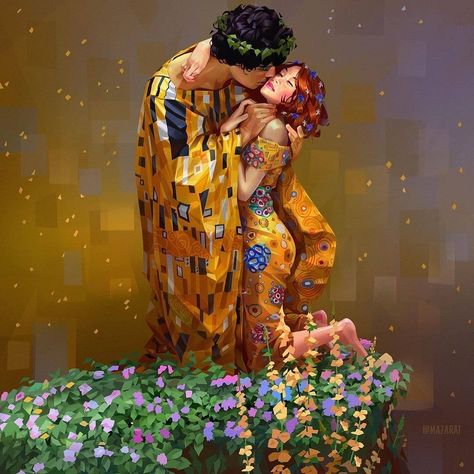 Learn Digital Painting! on Instagram: “@mazarat's interpretation of Gustav Klimt's painting, 'The kiss' ⁠ is nothing short of unbelievable. ❤️ ⁠ ⁠ Swipe for the original! Hop…” Azamat Khairov, Kiss Illustration, Kiss Artwork, Kiss Painting, Klimt Paintings, Kiss Art, Shiva Shakti, The Kiss, Romantic Art