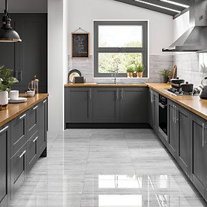 Wickes Olympia Light Grey Polished Stone Porcelain Wall & Floor Tile - 600 x 300mm Grey Tile Kitchen Floor, Grey Kitchen Tiles, Modern Kitchen Flooring, Marble Floor Kitchen, Grey Kitchen Floor, Tile Floor Living Room, Grey Kitchen Designs, Open Plan Kitchen Living Room, Floor Tile Design