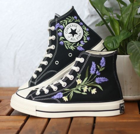 Embroidery Converse/custom Lavender Embroidered Shoes/converse High Tops Embroidered Lavender/gift for Daughter/lavender Embroidery Sneakers - Etsy UK Converse Embroidery Ideas Black, Purple Embroidered Shoes, Embroidered Converse High Tops Diy, Purple Embroidered Converse, Purple Aesthetic Shoes, Custom Embroidered Converse, Different Clothes Styles, Converse Custom Ideas, High Tops Vans