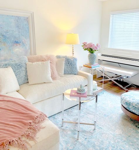 Tiffany and Adam's Apartment Reveal! | Turtle Creek Lane Pink Grand Millenial, Pastel Pink Living Room Aesthetic, Blue Pink Home Decor, Pink And Blue Decor Living Room, Living Room Pink And Blue, Blue Pink Room Decor, College Apartment Decor Living Room Blue, Blue And Pink House Decor, Blue And Pink Apartment Decor