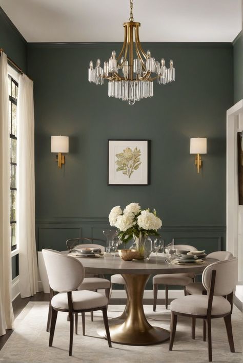 1. Dining room decor
2. Paint finishes
3. Interior design
4. Home improvement Gray White And Gold Dining Room, Gray Walls Dining Room Ideas, Blue Dining Room With White Wainscoting, Green Paint Dining Room Ideas, Green Painted Dining Rooms, Green Black Gold Dining Room, Dining Room Decor Dark Walls, Gray Blue Dining Room Walls, Dark Green Wainscoting Dining Room