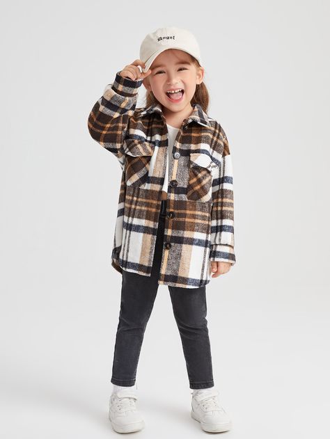 Multicolor Preppy  Long Sleeve Wool-Like Fabric Plaid Other Embellished Non-Stretch Fall/Winter Toddler Girls Clothing Toddler Coats Girl, Plaid Shirt Outfits, Kids Plaid, Flannel Jacket, Wool Shirt, Fall Kids, Plaid Jacket, Toddler Girl Outfits, Fashion Sale