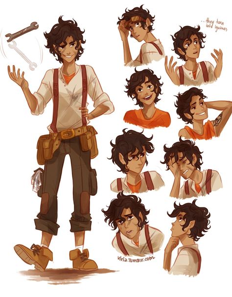 Leo Valdez, it's quite funny, in a lot of fanart Leo wears this super cool outfit Aphrodite has given to him. He only wore it once(Well, i thought it was once, because he didn't really loved his clothes), but still it's just his outfit Team Leo, Character Design Cartoon, Dibujos Percy Jackson, Výtvarné Reference, Percy Jackson Fan Art, Percy Jackson Characters, Viria, Leo Valdez, Percy Jackson Art