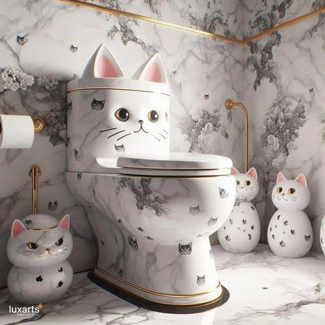 Feline Fun: Cat-Shaped Toilets for Whimsical Bathroom Decor 22 Interesting Bathrooms, White Bathroom With Wallpaper, Bathroom Theme Ideas, Whimsical Bathroom, Earthy Bathroom, Bathroom Theme, Cozy Bathroom, Cheap Bathroom Remodel, Bathroom Accent Wall