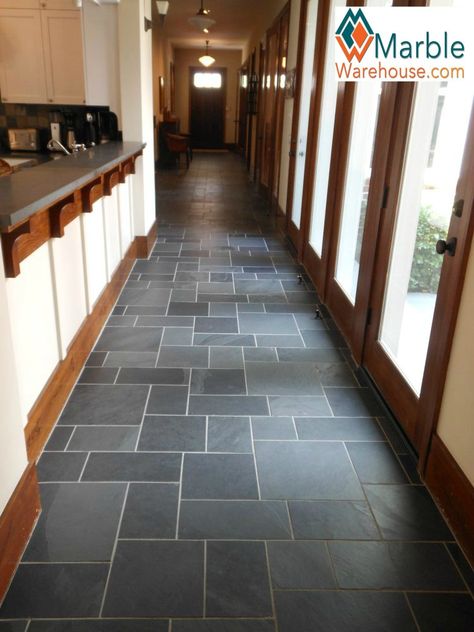 Mcm Slate Floor, Slate To Hardwood Transition, Mud Room Floor Tile, Front Entryway Flooring Ideas, Slate Kitchen Floors, Dark Tile Kitchen Floors, Tudor Entryway, Slate Kitchen Floor, Entrance Flooring