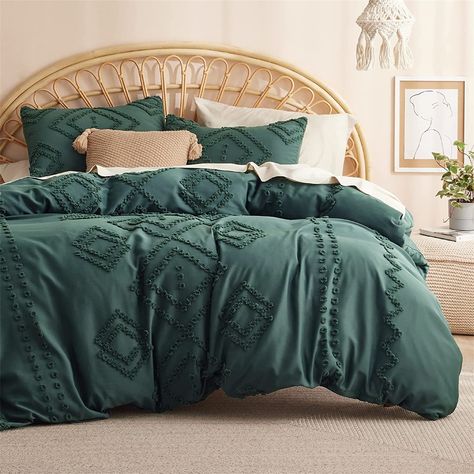 Green Queen Comforter Sets, Hunter Green Bedding Comforter Sets, Emerald Green Bedding Boho, Nature Inspired Bedding, Emerald Green Duvet Cover, Boho Bed Comforters, Patterned Bedding Inspiration, Dark Boho Bedding, Colorful Comforter Sets