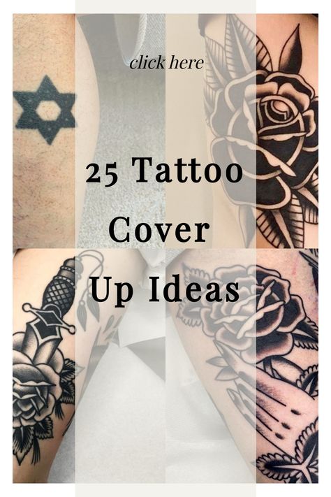 25 Tattoo Cover Up Ideas featuring before and after images of different tattoo cover-ups. Tattoo Ideas For Cover Ups Men, Leg Sleeve Cover Up Tattoo, Tricep Cover Up Tattoo, Hip Tattoos Women Small Coverup, Nature Tattoo Cover Up Ideas, Cover Up Tattoos For Finger, Back Tattoo Coverup Women, Tattoo Script Cover Up, Armband Tattoo Cover Up