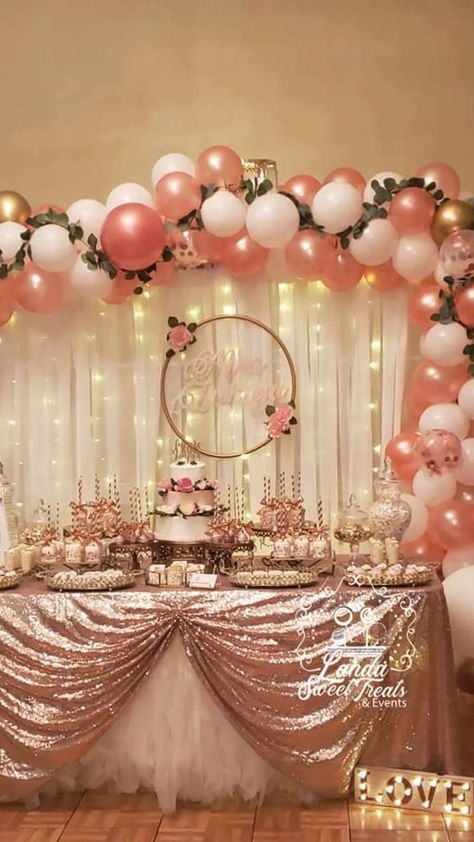 Pink Bday Party Backdrop, Sweet 16 Party Ideas Rosegold, Pale Pink Birthday Party, Rose Gold Princess Party, Roses And Diamonds Party Theme, Pink And Gold 80th Birthday Party, Color Schemes For Sweet 16, Bridal Shower Backdrop Balloons And Flowers, Backdrops For Bridal Shower Backgrounds