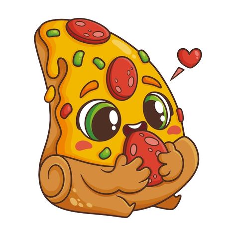 Kawaii, Cartoon Food Drawing, Food With Faces Illustration, Food With Faces Drawing, Pizza Cartoon Cute, Pizza Cartoon Illustrations, Pizza Drawing Cute, Cute Pizza Drawing, Food Cartoon Illustration