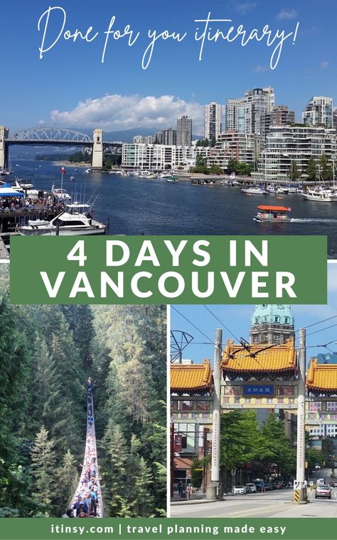 Planning your Vancouver trip? The best time to visit Vancouver is in the summer (June to September), but is beautiful any time of year. This Vancouver Canada itinerary allows for beach, hiking, and enjoying many restaurants and breweries. Here are the best things to do in 4 days in Vancouver. Vancouver Canada September, Vancouver Itinerary 4 Days, Vancouver In Spring, Vancouver Trip Itinerary, Vancouver Fashion Summer, Vancouver To Do, Best 4 Day Vacations In The Us, Summer In Vancouver, Vancouver Summer Outfit