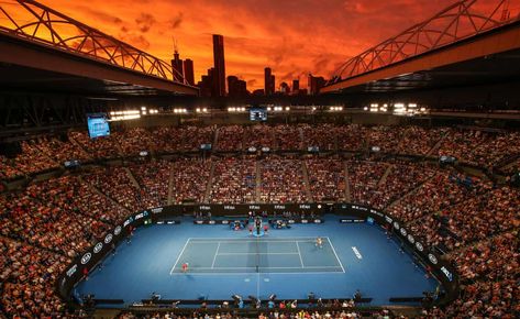 Rod Laver Arena at sunset, during the third-round match between Alex de Minaur and Rafael Nadal. Tennis Videos, Australian Open Tennis, Rod Laver Arena, Rod Laver, Track Cycling, Tennis Lessons, Action Images, Tennis Life, Tennis Team