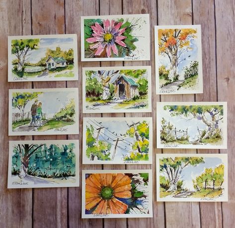 Erik Davis - Watercolor Postcards - Strathmore Artist Papers Artist Trading Cards Watercolor, Watercolor Post Cards, Post Card Painting, Postcard Watercolor Ideas, Postcard Painting Ideas, Handmade Postcards Ideas, Postcard Drawing Ideas, Watercolor Postcards Ideas, Post Card Ideas