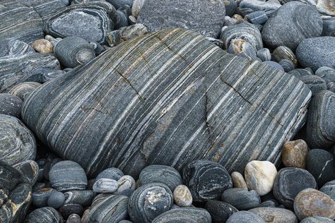 Metamorphic rocks are formed by great heat and pressure. Most of the thousands of rare minerals known to science occur in these rocks. Learn more. Geology Rocks Mineral, Rock Identification, Rock Tumbling, Rock Hunting, Rocks And Fossils, Geology Rocks, Rock Types, Rock And Pebbles, Metamorphic Rocks