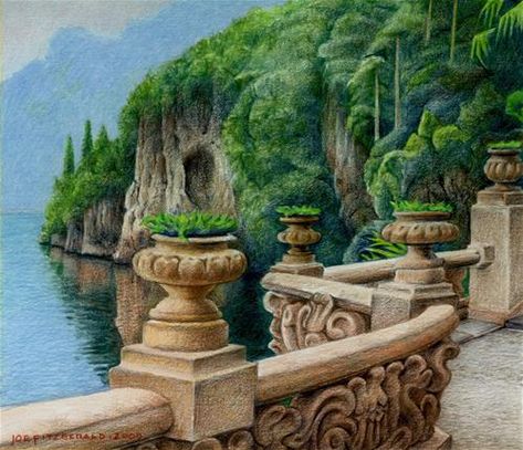 Daily Paintworks - "Villa Balbianello" - Original Fine Art for Sale - © Joe Fitzgerald Croquis, Colour Pencil Art Landscapes, Pencil Colour Painting, Pencil Sketches Landscape, Colored Pencil Artwork Ideas, Drawing Landscapes, Villa Balbianello, Watercolor Pencil Art, Panda Artwork