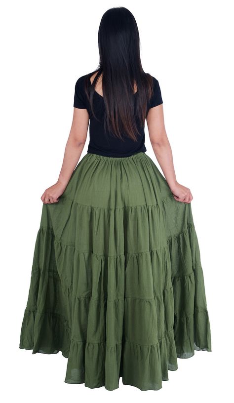 Women's Green Long Cotton Ruffle Skirt - Full Circle Long Maxi Skirt - Comfortable Elastic Waist - Bohemian Skirt - Flowy Boho Thai Dress  These long cotton ruffle maxi skirts are handmade in Northern Thailand, Chiangmai. Two size's available and they fits most. Skirt are same size just different length. Skirt have elastic waist and it's great choice for outdoor and indoor clothing, festival wear, summer, beach or just relaxation. Lannaclothesdesign products are uniquely designed and latest fash Green Skirt Outfits, Long Green Skirt, Long Cotton Skirt, Flowy Dress Boho, Green Maxi Skirt, Fall Skirt, Skirts Flowy, Ruffle Maxi Skirt, Bohemian Fall