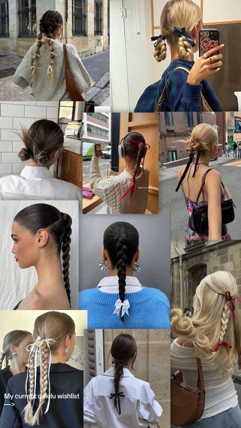 trendy hairstyles inspo, slicked back hair, braided hair, hairstyle with bows Aesthetic Ribbon, Ribbon Hairstyles, Bow Hairstyles, Hairstyle Examples, Ribbon Hairstyle, Hairstyles For Layered Hair, Romantic Hairstyles, Tutorial Ideas, Bow Hairstyle