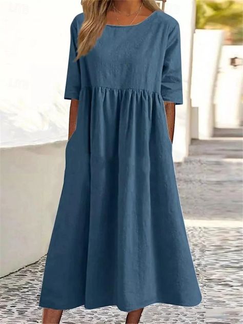 Women's Casual Dress Cotton Linen Dress Midi Dress Pocket Basic Daily Shirt Collar Half Sleeve Summer Spring White Royal Blue Plain 2024 - $29.99 Casual Cotton Dress, Loose Summer Dress, Cotton Linen Dresses, Linen Casual, Solid Color Dress, Hem Design, Linen Short, Vestidos Vintage, Pocket Dress