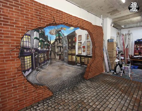 Harry Potter’s Diagon Alley Harry Potter Wall Mural, Harry Potter Mural, Castle Wall Mural, Harry Potter Theatre, Anamorphic Art, Castle Mural, Dobby Harry, Wall Mural Art, Harry Potter Castle