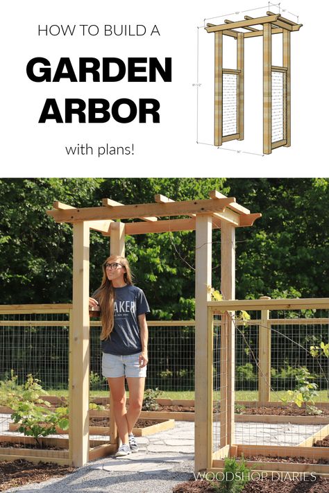 How to Build a Garden Arbor | Building Plans With Optional Gate Pergola Ideas Garden, Wooden Garden Arch Diy, Wood Garden Trellis Ideas Diy, Wooden Arch Garden Entrance, Garden Arbor Plans, Garden Gates With Arbor, Arched Garden Entrance, Wood Arbor Diy, How To Build A Garden Arch