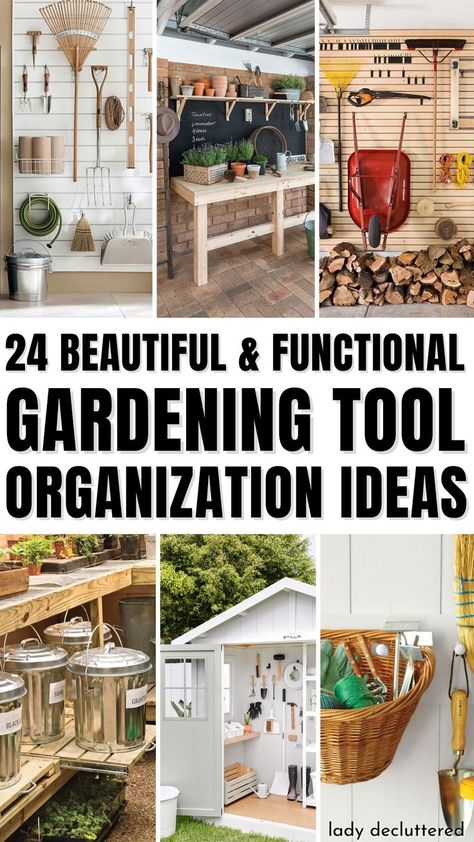 Gardening is a relaxing and rewarding hobby, but it can quickly become frustrating if you don’t have a designated place to store your tools. After all, nothing brings your gardening flow to a screeching halt faster than losing your pruning shears! - Lady Decluttered | Gardening Tool and Shed Organization Ideas Organisation, Garden Shed Hacks, Inside Of Garden Shed, Garden Tool Shed Organization, How To Organize Garden Tools, Organize Garden Supplies, Shed Organizer Ideas, Utility Shed Organization, Outdoor Garden Storage Ideas