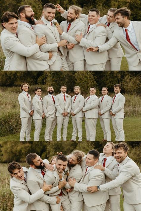 Funny wedding party photos of a groom with all his groomsmen getting tackled and having fun on their wedding day Group Bridesmaid Photos, Wedding Photography Bridesmaids Groomsmen, Neutral Wedding Party Groomsmen, Small Wedding Party Photos Group Shots Picture Ideas, Groomsman Poses Photo Ideas, Wedding Day Groom Photos, Beach Wedding Group Photos, Wedding Poses For Groomsmen, Wedding Photos With Groomsmen