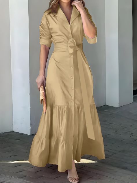 Faster shipping. Better service Solid Maxi Dress, Fall Care, Ruched Sleeve, Maxi Shirt Dress, Dress Elegant, Green Shirt, Mode Outfits, Belted Dress, Collar Styles