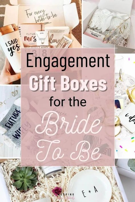 Choose from 15 amazing gift ideas to give to your newly engaged friend or relative. Check out our top picks for engagement gift boxes for the bride to be. Each of these wedding-themed boxes offers something a little different for any style and budget. From a spa themed gift box, a personalized stress relief gift box, to a summer or winter bride box. Also, you can find ideas for what to put in a bride’s gift basket? Gift Basket For A Bride, Engagement Gifts For The Bride, Bride Box Gift Cute Ideas, Bachelorette Gift Box Ideas For Bride, Bridal Boxes For Bride, Soon To Be Bride Gifts, Bride Gift Basket From Bridesmaid, Bride Boxes Gift Ideas, Engagement Gifts For Bride Newly Engaged