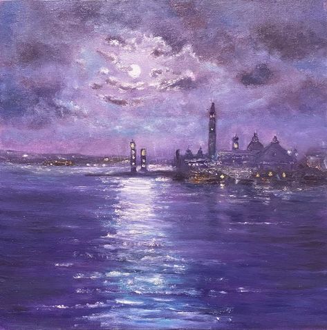 Moon Lights, London Painting, Purple Aesthetic Background, Purple Night, Purple Painting, Violet Aesthetic, Night Sky Painting, Lavender Aesthetic, River City