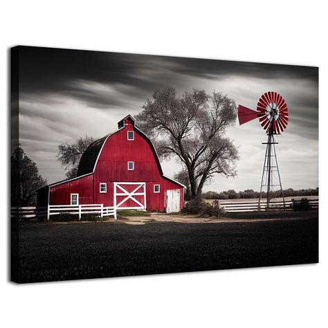 PRICES MAY VARY. 【Farmhouse Barn Wall Decor Size】: 32x48 inches (80x120cm), total 1 panel. Color: black, white, red, gray. Style: Pottery barn windmill picture farmhouse accent. Perfect for motivational family cabin decor idea, wooden grain planks adding a rustic feel to your home interior. 【Country Old Barn Wall Decor】: This fresh farm style barn art print is cool to hang in bathroom, bedroom, living room, dining room, kitchen, study, stairs, bar, coffee shop, laundry, restaurant, office, meeti Landscape Wall Art Living Rooms, Rustic Kitchen Wall Decor, Wall Decor Black And White, Windmill Wall Decor, Barn Wall Art, Barn Pictures, Farm Paintings, Decor Black And White, Creative Wall Art