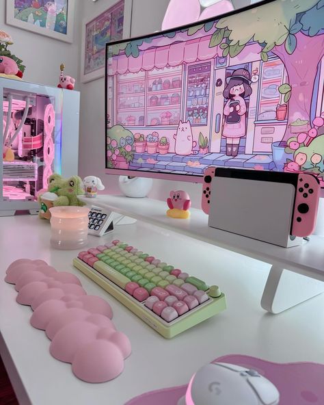 Green And Pink Desk Setup, Pink Green Gaming Setup, Preppy Gaming Room, Gaming Setup Black And Pink, Cute Setup Gaming, Pink Desk Setup Aesthetic, Pink And Green Setup, Pink And Green Desk Setup, Kawaii Computer Setup