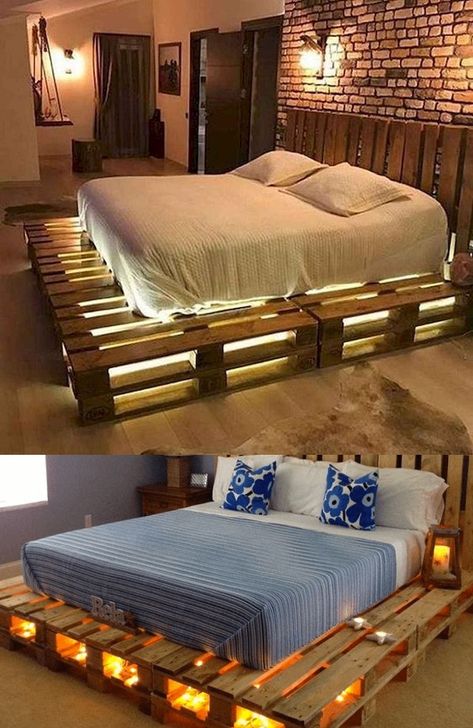 How To Make A Simple DIY LED Pallet Bed With Led Under-Lighting #MakeDIYLEDPalletBed #LEDPalletBedIdeas #DIYPalletBedUnderLight Diy Pallet Bed With Lights, Diy Pallet Beds, Pallet King Bed Frame Easy Diy, Pallet Lighting Ideas, Led Headboard Diy, Diy Bedroom Lighting Ideas, King Pallet Bed Frame, Homemade Bed Frame Wood, How To Make A Pallet Bed