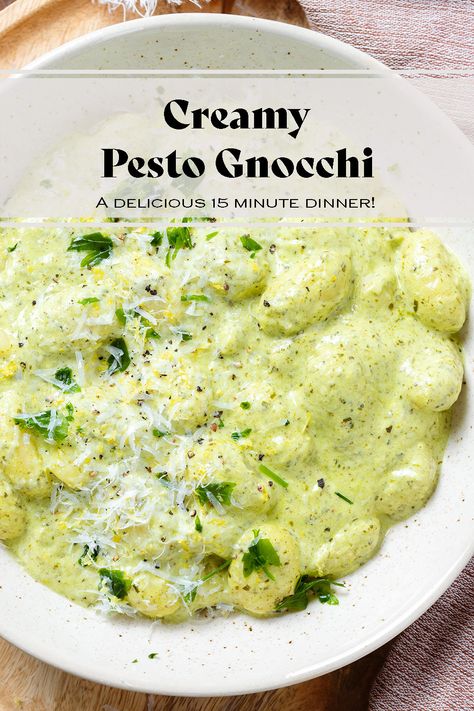 These one pan Creamy Pesto Gnocchi are the perfect dinner for a busy weekday! They're made in one one pot and can be ready in under 15 minutes! They're made with creamy goat cheese pesto sauce and store bought gnocchi. They're creamy, flavorful, and fresh. Creamy Pesto Gnocchi, Goat Cheese Pesto, Gnocchi Pesto, Pesto Gnocchi, Basil Pesto Pasta, Gluten Free Gnocchi, Recipes Written, Creamy Pesto Sauce, Sundried Tomato Pesto