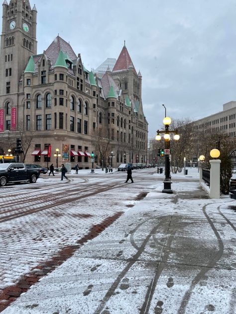 winter | snow | city | christmas | winter wonderland | christmas in the city | city lights | downtown | minnesota | st.paul | street lights | pic inspo | snowy Street Veiw, City In Winter, Snow City, City Core, Christmas Winter Wonderland, Wonderland Christmas, City Christmas, Winter City, Christmas In The City