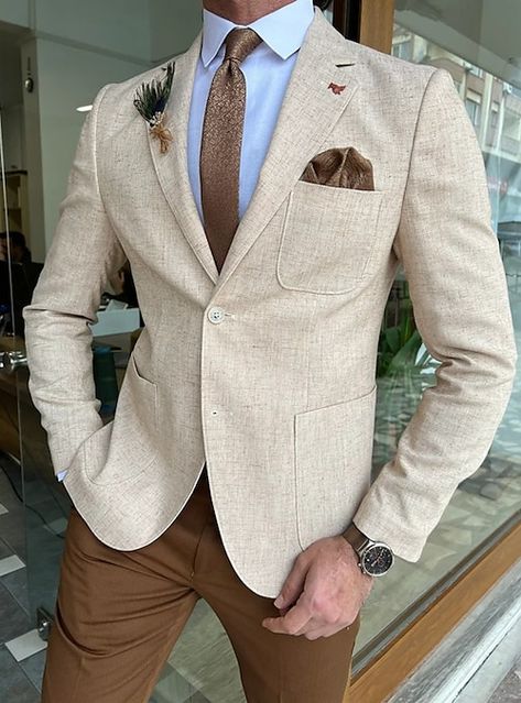 Tan Blazer Outfits Mens, Tan Blazer Outfits, Linen Blazer Men, Blazer Outfit Men, Terno Slim Fit, Blazer Outfits Men, Tan Suit, Mens Linen, Blazer Designs