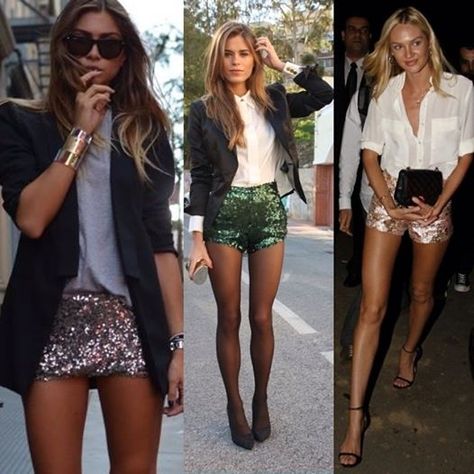 Sequin Shorts Concert Outfit, Sequined Shorts Outfit, Sequin Shorts Outfit Summer Nights, How To Style Sequin Shorts, Sequin Hot Pants, Silver Sequin Shorts Outfit, 90s Short Outfits, Sequin Shorts Outfit Winter, Short Sequin Skirt Outfit