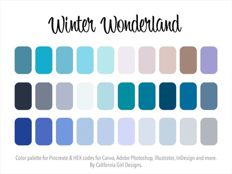 Winter Wonderland Color Palette, Wonderland Color Palette, Winter Color Schemes, Blue Color Pallet, Color Palette For Procreate, Crafting Business, Turquoise Color Palette, Winter Color Palette